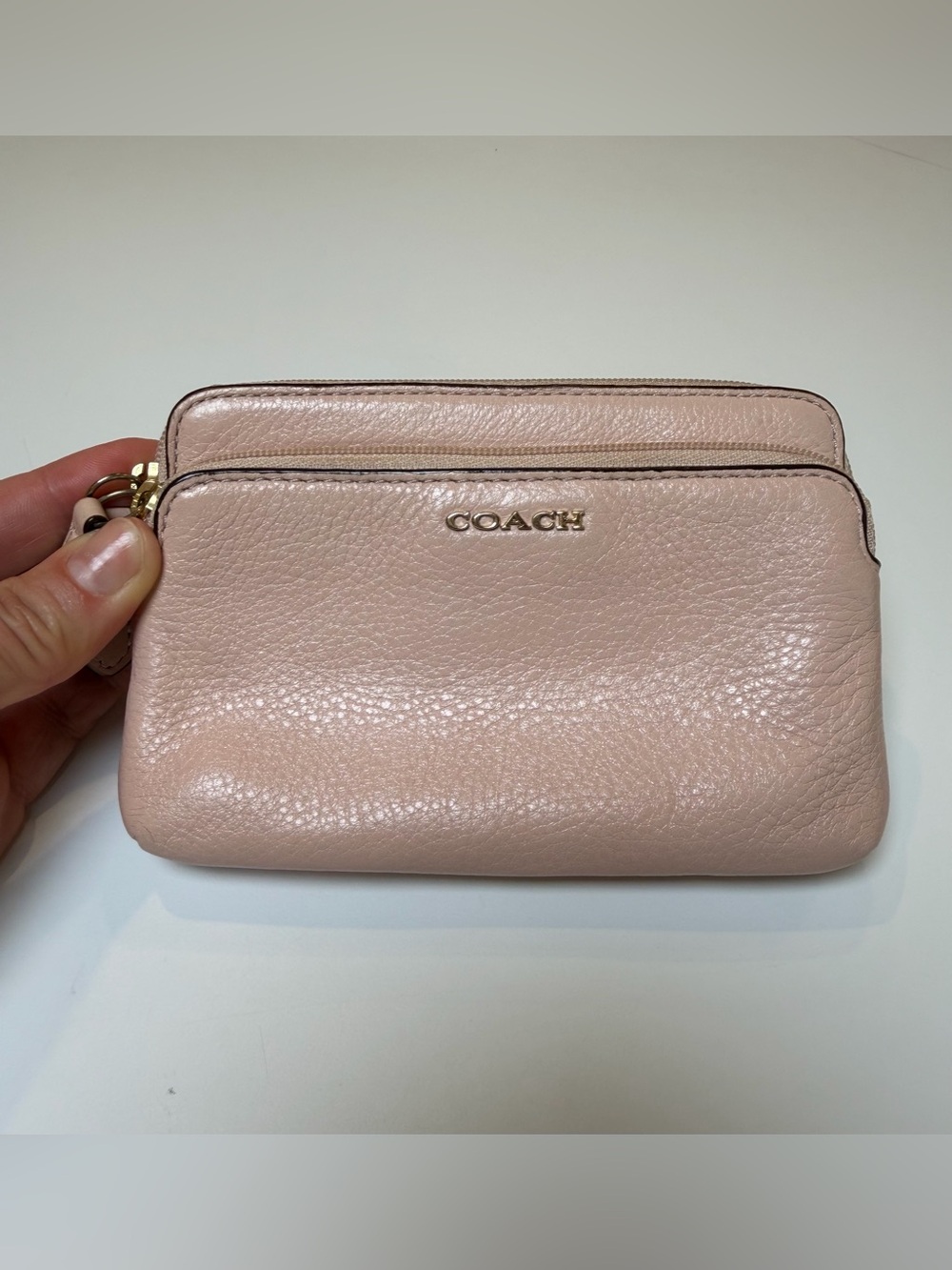 Coach Pebbled Leather Double Zip Wristlet in Blush Pink with Gold Hardware